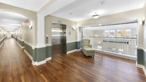 Interior Victoria Park at Edgewater hallway, elevator in hallway, wood floors, two toned walls.